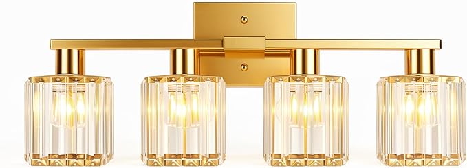 Crystal Bathroom Light Fixtures, 4-Light Brushed Gold, Vanity Lights for Bathroom Over Mirror, Modern Bath Wall Sconce for Mirror Bedroom Living Room