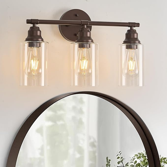 Refice Bathroom Vanity Lights Over Mirrors 3-Light Oil Rubbed Bronze Bathroom Light Fixtures with Clear Glass Shades for Mirror, Living Room, Farmhouse,Hallway (Bulbs Not Included)