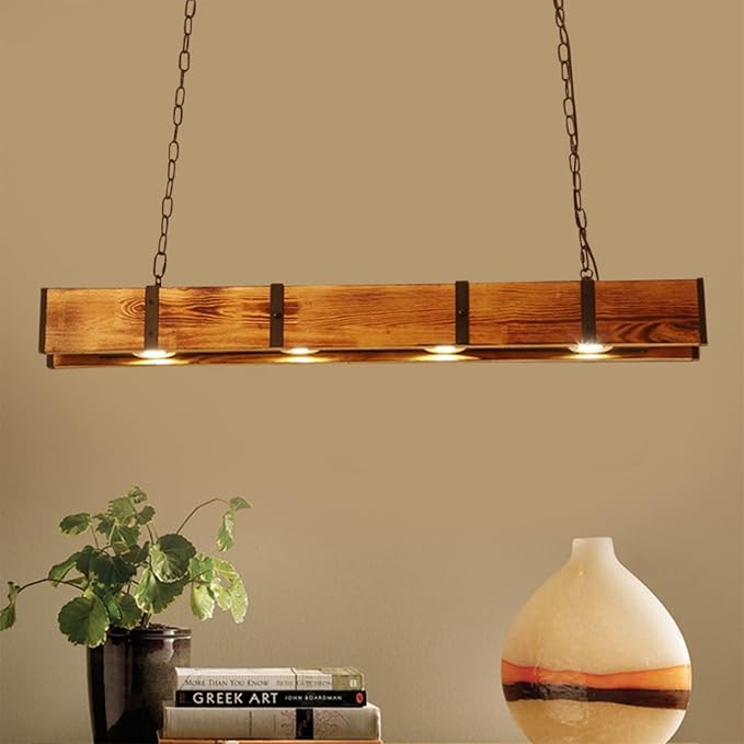 Farmhouse Chandeliers Pendant Lamp, Retro Hanging Lamp 4-Light Wood Beam Linear Hanging Light Vintage Ceiling Light Fixture for Kitchen Island, Restaurants, Cafes, Bars