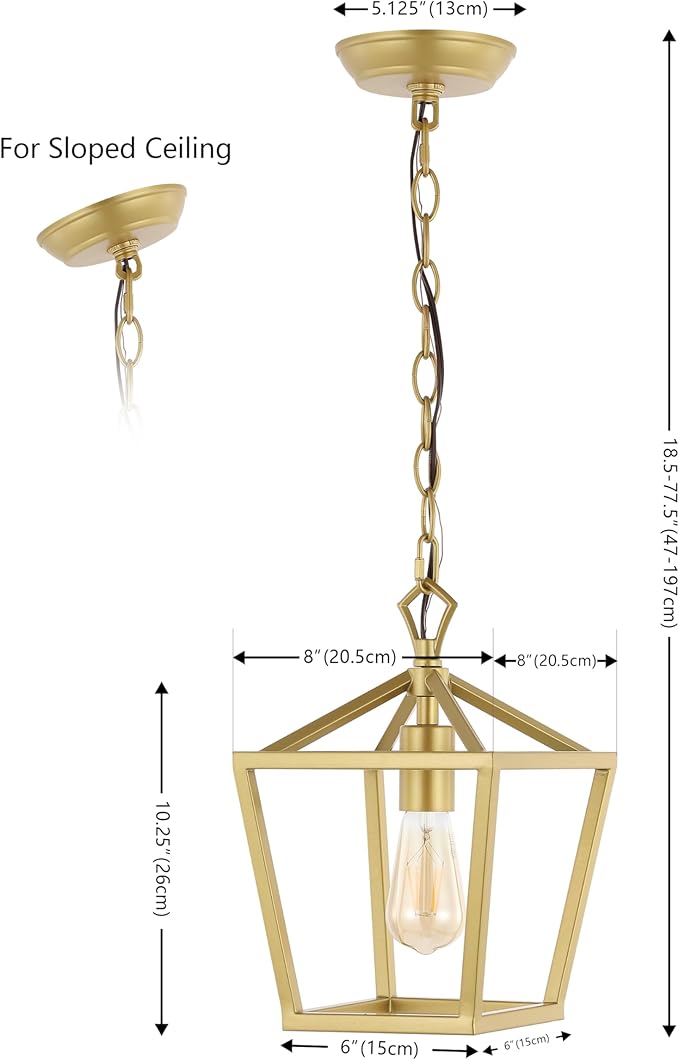 JONATHAN Y 8" Gold Painting Lantern Pendant Light, 1-Light Pagoda Style Metal Cage Farmhouse Hanging Ceiling Fixture for Kitchen Island, LED Bulb Included (JYL7618B)