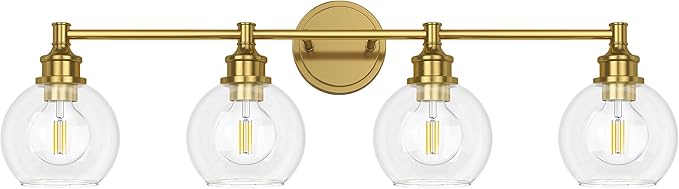 Bathroom Light Fixtures, 4-Light Brushed Gold Vanity Light Globe Glass Shades, Bathroom Lighting Fixtures Over Mirror, Wall Sconces for Master Bathroom, Guest Bathroom, Powder Room, 28-inch