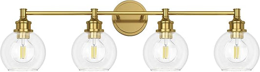 Bathroom Light Fixtures, 4-Light Brushed Gold Vanity Light Globe Glass Shades, Bathroom Lighting Fixtures Over Mirror, Wall Sconces for Master Bathroom, Guest Bathroom, Powder Room, 28-inch