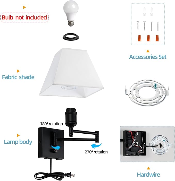 Swinging arm wall lamp, Fabric lampshade, with Plug and dimming Rotary Switch, USB and Type-C Charging Port, Suitable for Bedside, Living Room, Hotel and Bedroom wall Lamps