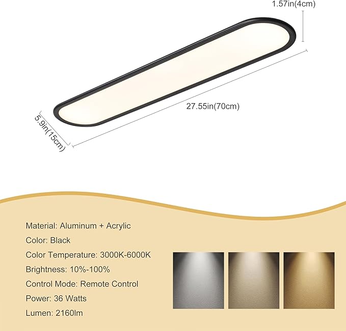 Ganeed Modern Linear Ceiling Light, 36W Dimmable LED Lamp with Remote, High Brightness Long Light, 27.6 Inch Ultra Thin Low Profile Fixture for Bedroom, Kitchen, Closet, Hallway, Black