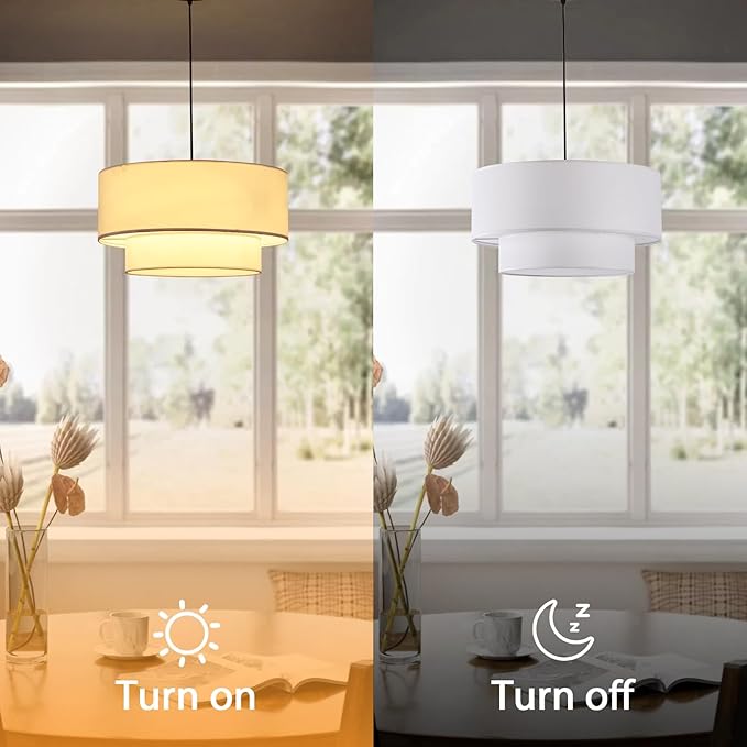 18" Drum Pendant Light Fixture, 3 Light Drum Chandelier with Wihte Fabric Lampshade, 2 Tier Dining Room Light Fixtures over Table, Ceiling Drum Chandeliers for Dining Room, Bedroom and Living Room