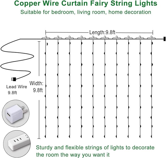300 LED Fairy Lights, Twinkle Lights with 8 Light Modes, 9.8x9.8Ft Curtain String Lights Remote Control for Christmas, Bedroom, Indoor, Outdoor, Weddings, Party, Birthday Decor (Blue)