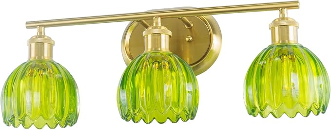 Gold Bathroom Light Fixtures, 3-Light Vanity Lights for Bathroom with Ribbed Green Tulip Glass Shade, Brass Wall Scone Lighting Over Mirror for Farmhouse,Bedroom,Living Room,Hallway