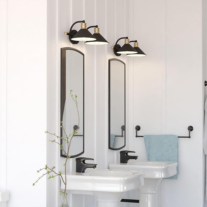 VAXCEL Akron 2-Light 18 inch Wide Matte Black and Natural Brass Industrial Bathroom Vanity Lighting Fixture, Metal Shade, Dimmable, LED Compatible, Over The Mirror Mounted Steel Wall Sconce