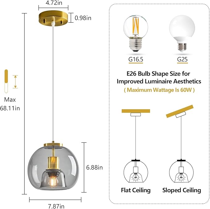 Light Grey Glass Pendant Lights Kitchen Island Gold Hanging Light Fixture Glass Globe Pendant Light Modern Pendant Lighting for Kitchen Island Bedroom Dining Room (7.87", 3 Pack)