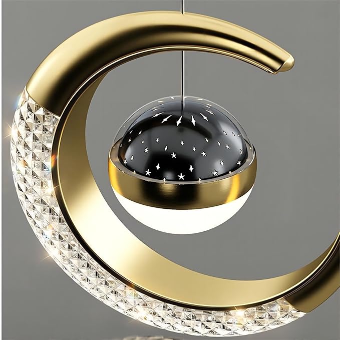 7.9 Inch Moon Shaped Star Bedside Chandelier, Acrylic Pendant Light, Modern LED Chandelier for Bedroom, Living Room - 2 Piece Set, Gold Warm Light