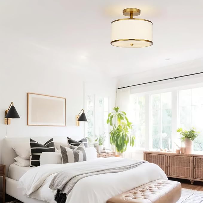 12.6" Semi Flush Mount Ceiling Light Fixtures,3-Light Drum Light,Antique Brass with White Fabric Shade,Light Fixtures Ceiling Mount for Bedroom,Dinning Room,Living Room,Nursery, Kitchen