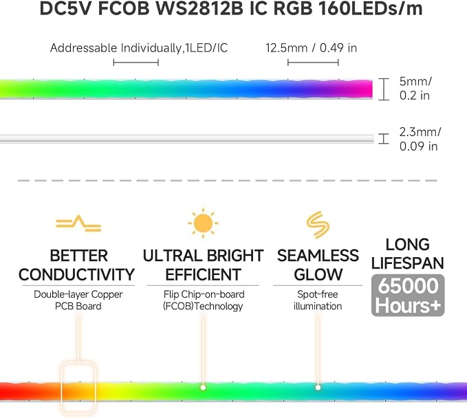 BTF-LIGHTING FCOB COB XGB1338(WS2812B) Individually Addressable IC RGB 160LED/m 640IC LED Strip DC5V 13.1FT 5mm Width Dream Chasing Color High Density Uniform Light(NO Adapter or Controller)