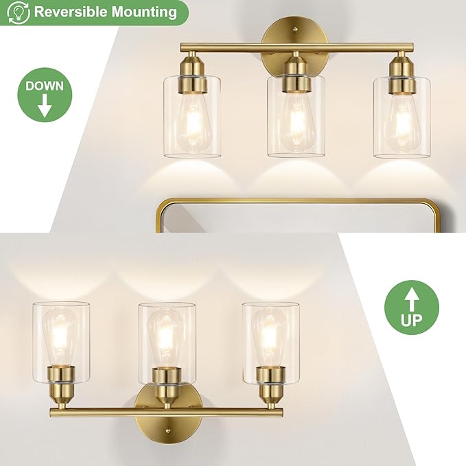 17.3'' Bathroom Gold Vanity Light Fixtures, Modern Wall Lamp for Mirror with Clear Glass Shade, 3-Light