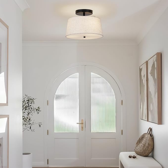 12.6" Light Fxitures Ceiling Mount,3 Light Semi Flush Mount Ceiling Light Fixture,Bedroom,Modern Close to with Linen Shade Drum Light for Living Room Kitchen Entryway lamp