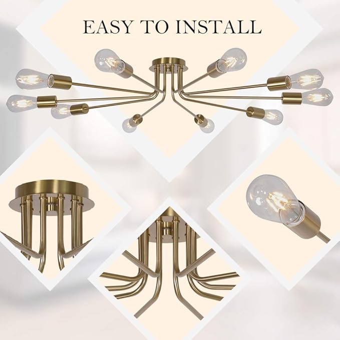 Kitchen Lighting Fixture Industrial Flush Mount Ceiling Light Mid Century 10 Light Sputnik Chandelier for Kitchen Dining Room Small Bedroom Living Room Brass Painted Metal Ceiling Lighting