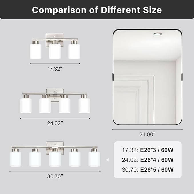 FonmYim Brushed Nickel Bathroom Light Fixtures, 5-Light Modern Vanity Light Over Mirror, Wall Sconces with Milky White Frosted Glass Shades, E26 Socket (Bulbs Not Included)