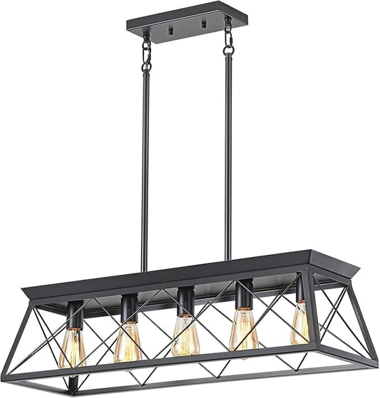 HuixuTe 5-Light Farmhouse Pendant Light for Dining Room, Rustic Kitchen Island Lighting, Adjustable Height Chandeliers for Kitchen, Dining Room Table Black