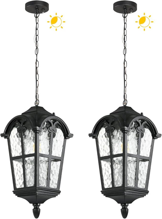 Dusk to Dawn Outdoor Pendant Lights for Porch Hallway Patio, Black Aluminium Exterior Hanging Light Fixture, Outside Waterproof Hanging Lantern Light, Height Adjustable Outdoor Pendant Lamp, 2 Pack