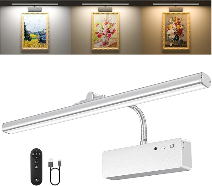 Picture Light, 15.35inch Wireless Picture Lights for Wall Rechargeable, Battery Wall Lights for Pictures, 3 Color Art Lighting for Paintings with Timer and Dimmable for Display Gallery Frame (Silver)
