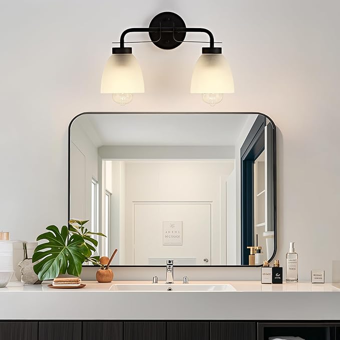 16 Inch Mid-Century Modern Vanity Lights, 2-Light Black Bathroom Light Fixture with Frosted White Bell Shades, Industrial Wall Sconce for Mirror Over Vanity, Bedroom, Hallway (2 Pack)