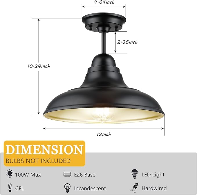 Farmhouse Semi Flush Mount Ceiling Lights, Modern Ceiling Light Fixture with Black Finish for Kitchen, Hallway, Entryway, Dining Room, Bedroom, Cafe, Bar, Living Room, 12"