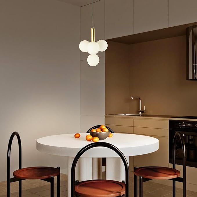 4 Lights Modern Globe Pendant Light Fixture Mid Century Chandelier G9 Bulb Brushed Brass Finished White Globe Glass Shade Dining Kitchen Living Room Lighting (Gold)