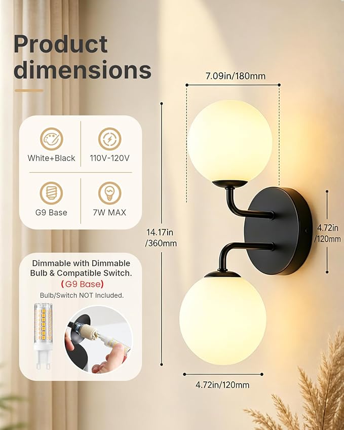 Yunnix Black Bathroom Vanity Light, Modern Globe Vanity Lighting Fixtures with Milk White Glass Shade, Mid Century Vanity Lights Wall Sconce Over Mirror for Bathroom Hallway Entryway (2 Pack)