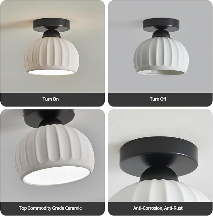 2 Pack Ceramic Black Semi Flush Mount Ceiling Light Vintage Hallway Light Fixtures, Modern Small Ceiling Mount Light Lamp for Hall Kitchen Entryway Passway Porch Foyer