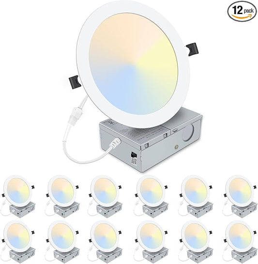 LZHOME 12 Pack 8 Inch LED Recessed Lighting with Junction Box Ultra-Thin, 3000K/4500K/6000K Selectable, 8" Dimmable Canless LED Downlight, 1800LM CRI80 High Brightness 5%-100% Recessed Light