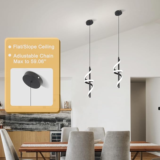 Spiral Led Pendant Light Fixtures, 5500K Cold White Modern Led Pendant Light Kitchen Island, Adjustable Height Kitchen Island Lights Fixtures for Dining Room Kitchen Bedroom Sink, 3 Packs