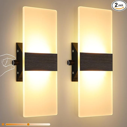 Lightess Modern LED Wall Sconces with Switch, 12W Indoor Wall Lights Set of Two, Hardwired Acrylic Dimmable Wall Mounted Lighting for Living Room Hallway Bedroom, Warm White, 2 Pack