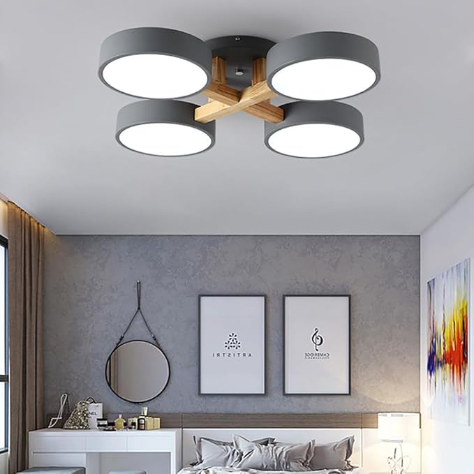 LED Ceiling Light Fixture,24 Inch 4-Lights Modern Ceiling Lights Flush Mount Wooden 44W Chandelier for Living Room Bedroom Kitchen,Dimmable 3000K/4000K/6000K Temperatures Selectable, Grey