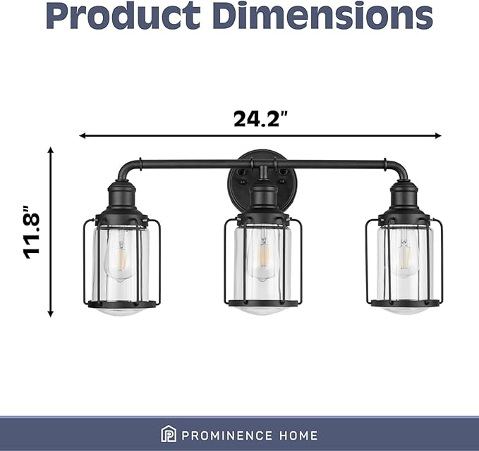 Prominence Home Lincoln Woods 3 Light Matte Black Industrial Bathroom Vanity Light with Cage and Clear Glass - 51545-01