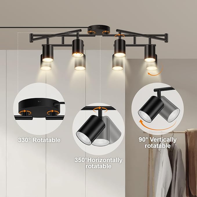 Plug in Track Lighting LED, Track Lighting Fixtures Ceiling, Black 8-Light Kitchen Light Kit, Plug in Wall Light with 14.8ft Power Cord, Rotatable Ceiling Spotlight for Bedroom(GU10 Socket, NO Bulb)