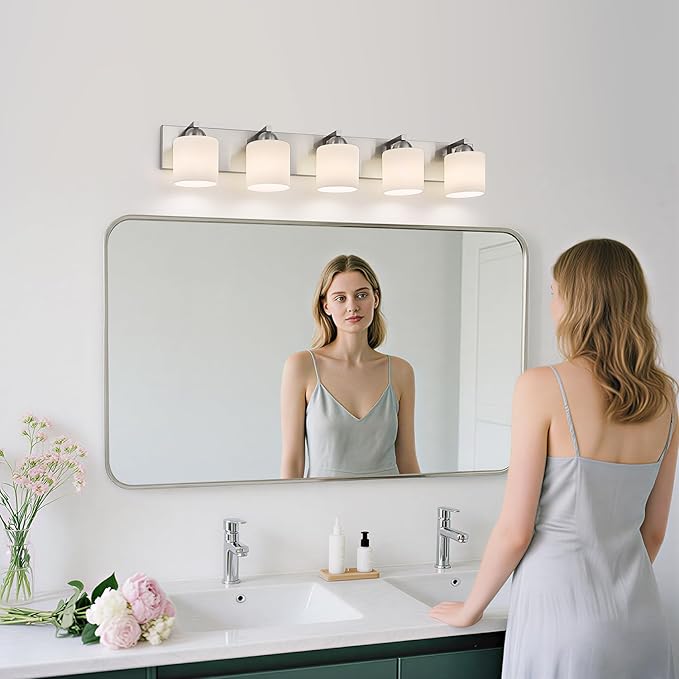 mirrea 38-Inch 5-Light Brushed Nickel Vanity Lights for Bathroom, Vanity Lighting Fixtures with Etched White Glass Shades
