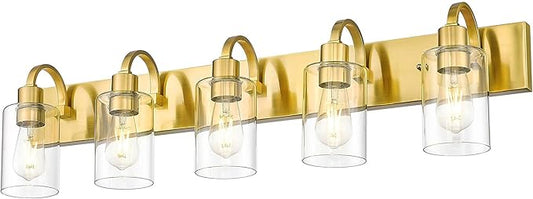 Emliviar 5-Light Vintage Vanity Lighting for Bathroom, 37-Inch Wall Mount Light Fixture with Clear Glass Shade, Brushed Gold Finish, YCE237B-5W BG