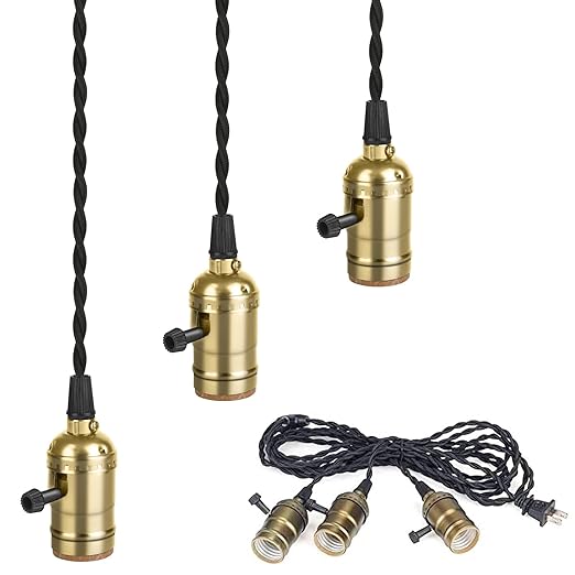 Vintage Plug-in Pendant Light Kit with 1-to-3 Hanging E26/E27 Sockets, Industrial Hanging Light with Individual Rotary Switches, Easy DIY Lighting for Living Room, Patio and Plant Corners, Gold