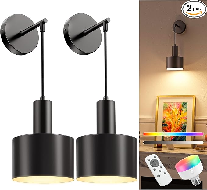 NIORSUN Battery Operated Wall Sconce Set of 2, Black Wireless Rechargeable Wall Lights with 5200mAh Dimmable Detachable Bulbs and Remote, 9 Colors Sconces Wall Decor for Bedroom Living Room Hallway