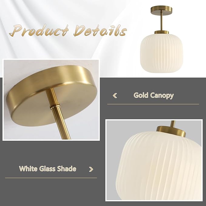 KCO Lighting Ribbed Milk Glass Flush Mount Light Gold and White Ceiling Lights Brass Kitchen Lighting Fixtures Small Globe Semi Flush Mount Ceiling Light for Hallway Stairway
