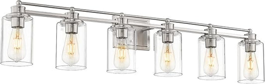 Bathroom Vanity Light Fixtures 6 Light, HWH Brushed Nickel Vanity Light Bathroom Lights Over Mirror, Wall Vanity Lights for Bathroom with Clear Glass Shade, 5HLT63B-6W BN