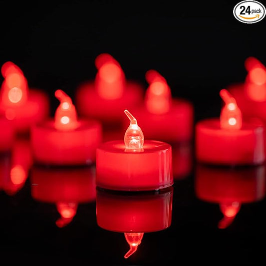 LANKER 24 Pack LED Tea Lights Candles, Flickering Red Flameless Tealights, Long Lasting Battery Operated Fake Candles, Decoration for Wedding, Halloween and Christmas (Red - 24pcs)