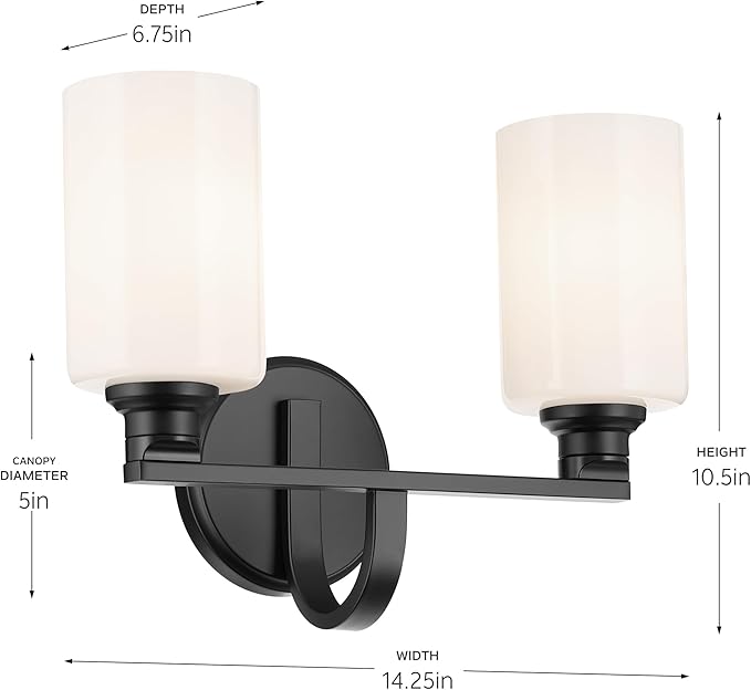 Kichler Gioe 2-Light Bathroom Vanity Light Fixture with Opal Glass, 14.25 in Modern Black Wall Sconce for Mirror, Damp Rated Lighting (14.25 in W x 10.5 in H), 55225BK