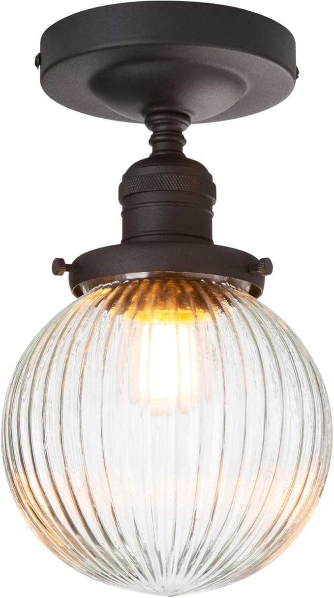 PERMO Semi Flush Mount Ceiling Light with 5.9" Globe Ribbed Glass Lampshade Vintage Matte Black Small Ceiling Light Fixture for Entry Way Bedroom Bathroom Porch