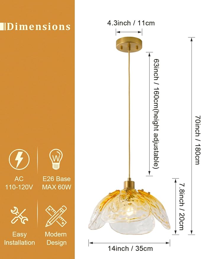 Vintage Gradient Amber Pendant Light,Bronze Pendant Lighting Fixture with Handmade Leaf Glass for Bedroom,Kitchen,Hallway,Entryway