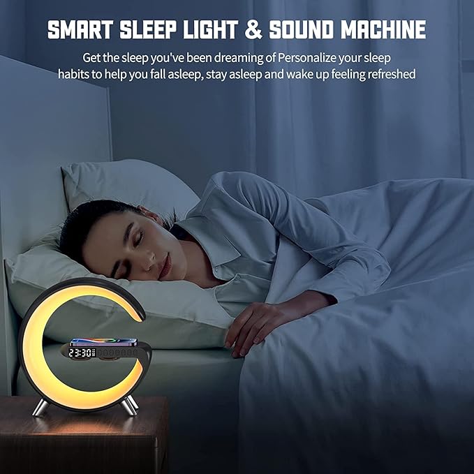 Smart Table Lamp, 15W Wireless Charger Station with LED Atmosphere Lamp, Bedside Night Light, Alarm Clock, Bluetooth Speaker with App Control for Home Decor, Gift for Girls Boys for Birthday Christmas