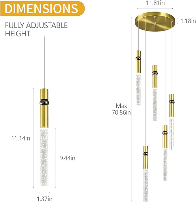 Pendant Lights Kitchen Island Light Fixtures Dimmable LED Modern Pendant Light with Bubble Crystal Pendant Lighting for Kitchen Bedroom Hallway Entryway (Gold 5-Light)