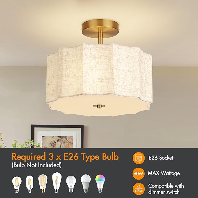 13 Inch Modern Linen Petal Ceiling Light Fixture, Semi Flush Mount Drum Light for Bedroom Kitchen Dining Room Entryway, Fabric Lighting Lamp in Gold for Farmhouse Hallway Closet