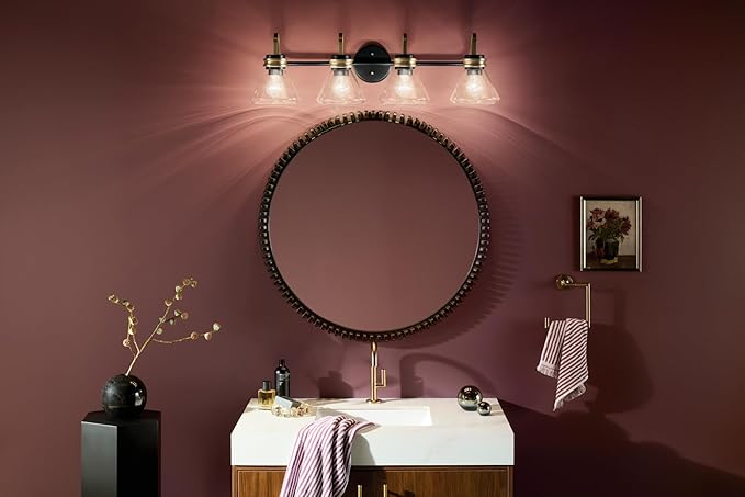 Kichler Farum 34" 4-Light Bathroom Vanity Light Fixture with Clear Glass in Black, Modern Wall Mount Over Mirror for Single or Double Vanity (34" W x 9.5" H), 55156BKCLR