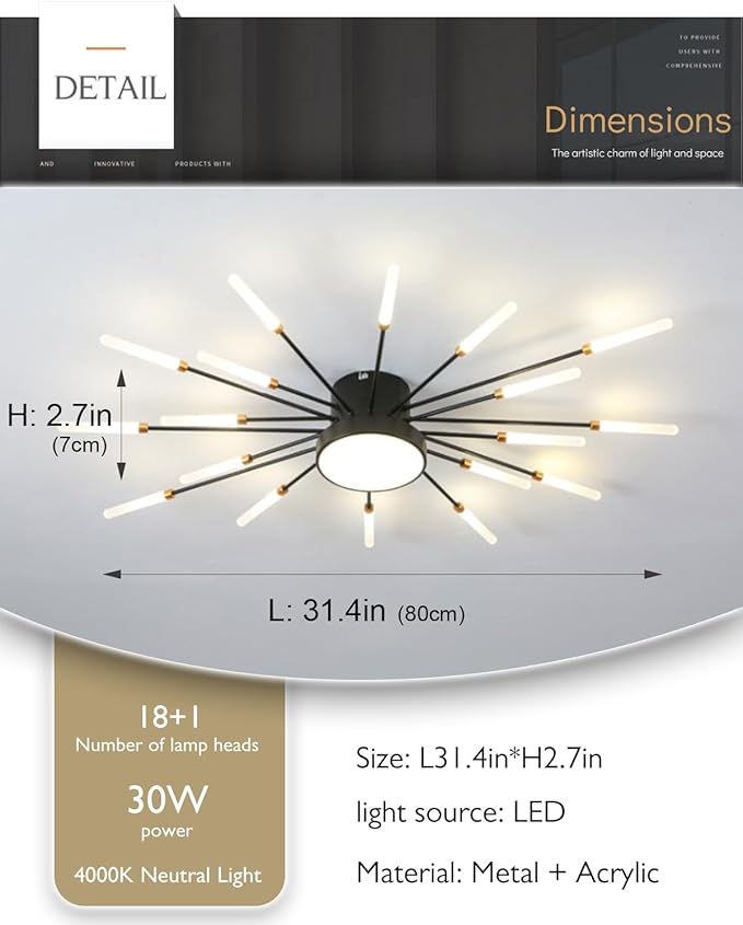 18+1 Lights LED Ceiling Light Fixture Modern Flower Ceiling Lights Flush Mount Firework Chandeliers Black Indoor Lighting for Living Room Bedroom 4000K 30W Deco Close to Ceiling Light