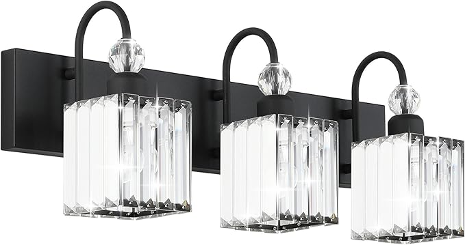 Ralbay Modern Crystal Black Vanity Light 3 Light Bathroom Light Fixtures Over Mirror Matte Black Crystal Bathroom Wall Lighting